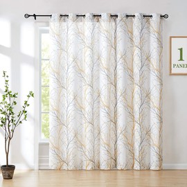FMFUNCTEX Yellow-Grey Tree Curtain for Patio Door 100" Extra Wide 96" Sliding Door Panel Branch Print Linen Textured Privacy Semi Sheer Curtain Drapes 1 Panel 8ft