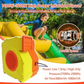 Carivia Inflatable Bounce House Blower,1400W-1600W,1.7 HP & 2 HP Dual Speed Inflatable Blower,Powerful Bounce House Air Blower Fan for Large Inflatable Bounce House, Bouncy Castle and Slides