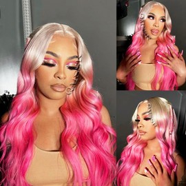 QMSSR Hot Pink Lace Front Wigs Pre Plucked Loose Wave Hair Wig 24 Inch Long Wavy Ombre Blonde Synthetic Lace Front Wigs For Women