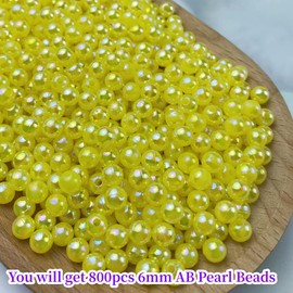800pcs Pearl Beads 6mm Pearl Craft Beads Round Bulk Pearls for Bracelet Necklace Jewelry Making DIY Sewing Crafts Home Decoration Vase Filler (Lemon Yellow AB)