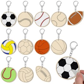Trnayi 36 Pcs Color Your Own Sports Ball Keychains Crafts for Boys Girls Unfinished Wooden Football Basketball Soccer Crafts Blank Wood Painting DIY Crafts for Home Classroom Activities Project Decor