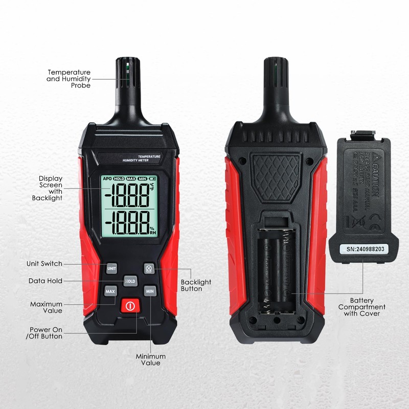 Humidity Temperature Meter, High Precision Digital Psychrometer HVAC with Ambient