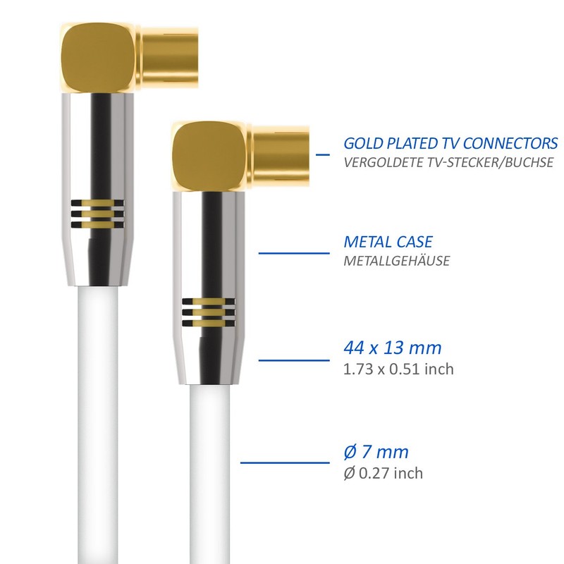 deleyCON TV Cable Plug 90°/Jack 90° Gold-Plated, White