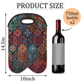 Aglebo Square Mandala 2 Bottle Wine Carrier Tote Bag Insulated Wine Bottles Neoprene Bag with Secure Carry Handle Portable Wine Cooler Bag for Travel Picnic Beach