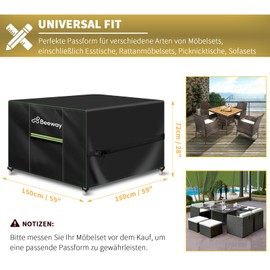 BEEWAY Garden Furniture Cover, Waterproof, Protective Cover for Garden Tables, Patio Furniture Sets - 420D Oxford Fabric, Anti-UV, Winterproof, 150 x 150 x 72 cm