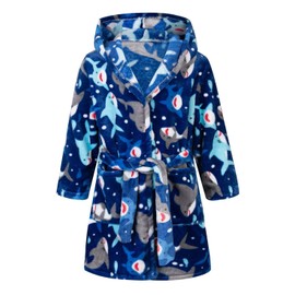 CROOUTN Children's Bathrobe with Hood for Boys Girls Bathrobes Dressing Gown Cuddly Warm and Soft Pyjamas Toddler Coral Fleece Hoodie Robes 2-9 Years, blue shark bathrobe