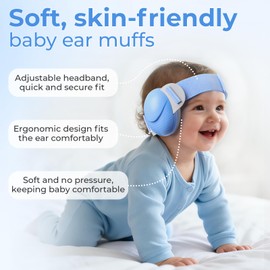 ECHOCUBE Baby Ear Defender, 25dB Noise Cancelling Headphones for Babies 0-48 Months, CE & ANSI Certified Adjustable Baby Ear Muffs for Sleep, Airplane Travel - Blue