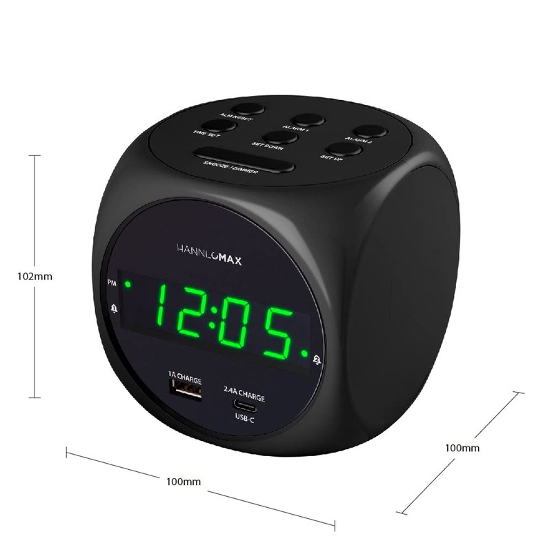 HANNLOMAX HX-702C Digital Clock with Dual Alarm, 0.7" Green LED