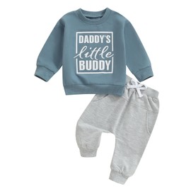 Toddler Infant Baby Boy Fall Winter Outfit Clothes 2Pcs Long Sleeve Sweatshirt Pullover Tops Jumper + Solid Color Elasticated Waist Pants With Pockets Trouser Tracksuit Set (Gray Blue, 12-18 Months)