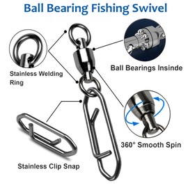 AMYSPORTS High Strength Snap Swivels Stainless Bearing Rolling Fishing Swivel Freshwater Snap Swivels Fishing Clip Steel Black Nickel, 25pcs, 52lbs