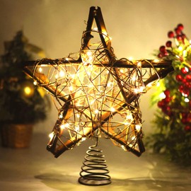 Christmas Tree Topper Star for Xmas Decoration,Rattan Christmas Tree Topper with 30 LED Light,10 Inch Warm White Light Holiday Farmhouse Rustic Christmas Tree Decoration Indoor