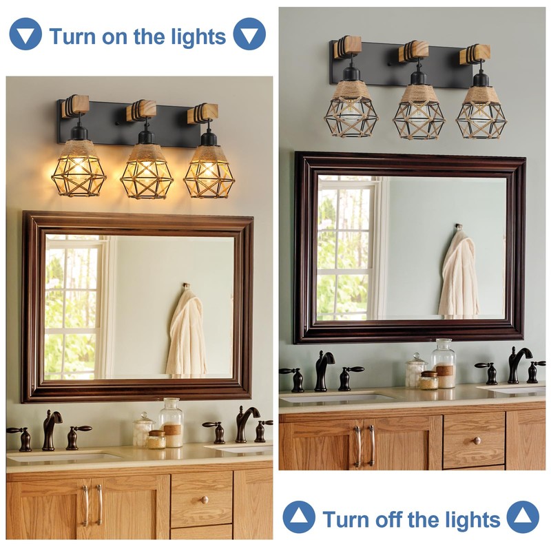 Rustic Style Wood Bathroom Wall Sconce，3 Light Bathroom Vanity Light