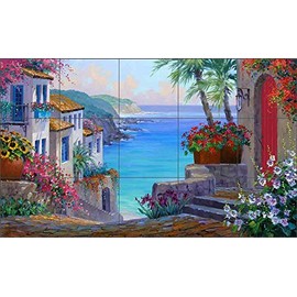 Mediterranean Tile Backsplash Tranquil Haven by Mikki Senkarik Seascape Art Kitchen Shower Ceramic Mural (21.25" x 12.75" on 4.25" Tiles)