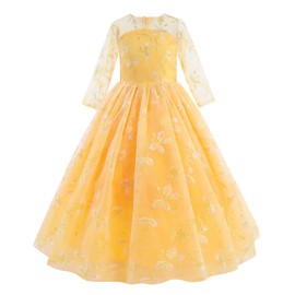 Flower Girls Dress Lace Bridesmaid Floral Lace 3/4 Sleeves Wedding Pageant Dress Princess Boho Communion Floor Length Maxi Puffy Tulle Party Vintage Evening Formal Prom Dance Ball Gown Yellow 140