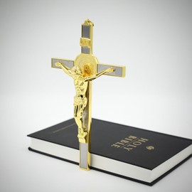 IS Holy Cross Crucifix Wall Cross with Saint Benedict Medal Metal Art Wall Hanging Cross for Home Decor Give Blessing and The Spiritual Sacred (Gold, 8.7 Inches, Unframed)