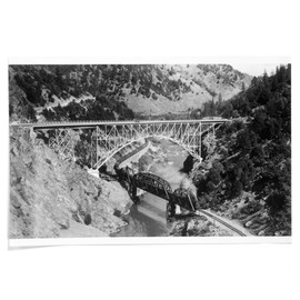 Lantern Press 24x36 Inch Giclee Print, Pulga, California, Aerial of Train on Bridge over Feather River Canyon