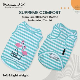 Parisian Pet Dog Tshirt - Embroidered “ Flamingos “ Tank Top - 100% Cotton and Lightweight Dog Clothes - Sleeveless Tee Shirts - Machine Washable Shirt for Small Dogs - Pet Vest - XXS