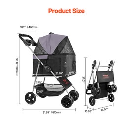 VEVOR Pet Stroller, 35 lbs Weight Capacity, Foldable Dog Stroller Cart, 4 Wheels Cats Strollers with with Detachable Carrier & Mesh Windows, Portable Design with Brake for Small to Medium Pets