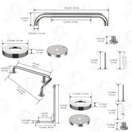 Polished Chrome L-Shaped Grab Bar 12x24 Inch + Knurled Shower Grab Rail 20 Inch, Zepolu Stainless Steel Toilet Safety Bar 90 Degree, Angled Balance Support Assist Bar, Bathroom Mobility Aid Handrail