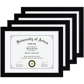 CORE ART 11x14 Black Picture Frame Display 8.5x11 Certificates with Mat or 14x11 Diplomas without Mat, 11x8.5 Document Degree Frame for Wall and Tabletop Display(Set of 4)
