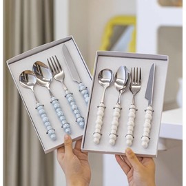 Pearl Flatware Set, Creative Stainless Steel Flatware Pearl Ceramic Handle Silverware Tableware for Kitchen Hotel Home Steak Knife Dessert Spoon Dishwasher