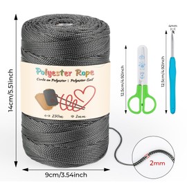 Macrame Polyester Cord, Macrame Yarn 2 mm x 250 m Premium Polypropylene Macrame Cord Polypropylene Yarn with Scissors and 4 mm Crochet, for Knitwear, DIY Crafts, Knitting (Grey)