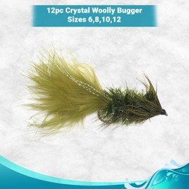 Feeder Creek Crystal Woolly Bugger Fly Fishing Flies for Trout, Bass and Salmon - 12pc Handmade Wet Streamer Flies for Freshwater Fishing, Olive