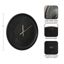 Kate and Laurel Grear Modern Numberless Round Wall Clock, 17 Inch Diameter, Black, Decorative Minimal Wood Clock for Bedroom, Entryway, or Living Room Decor