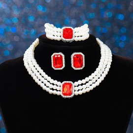 Brishow Red Jewelry Sets Layered Pearl Choker Wedding Necklace and Earring Set for Women (3 Layered, Red)