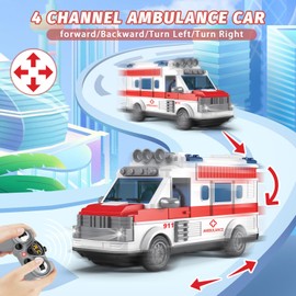 Dollox 1/30 Remote Control Ambulance, 2.4G RC Play Ambulance Car Toy 4 Channel Electric Ambulance Vehicles Emergency Rescue Cars with Lights, Opening Door, Gifts for Kids Boys Girls Age 3 4 5 6 7