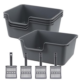 Xyskin 4 Pcs Cat Litter Box, Anti-Splashing Kitty Litter Pan with Scoops, High Sides Cat Litter Box Tray, Grey