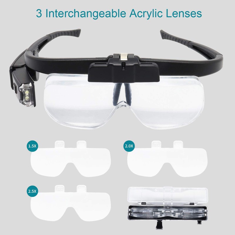 LED Head Mount Magnifier Glasses with 3 Detachable Lenses 2