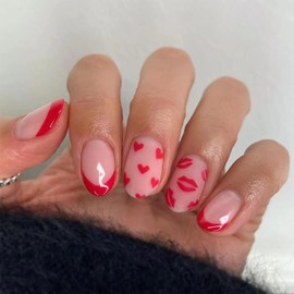Valentine's Day Press on Nails Oval French Tips Glossy Full Cover Short Oval Red False Nails with Heart Lips Designs Reusable Acrylic Heart Fake Nails with Glue Stick on Fingernails for Women Girls