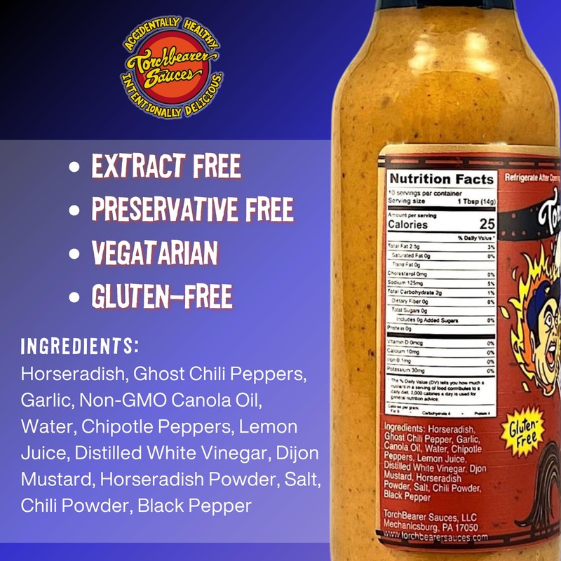 TorchBearer Sauces Headless Horseradish Ghost Pepper Hot Sauce 5oz, Heat