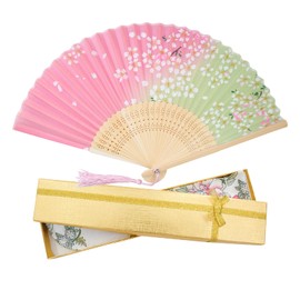 Boshiho Japanese-Style Folding Fan, Stylish, Pure Silk, Dance, Floral Pattern, Butterflies, Bamboo Craft, Cherry Blossom Pattern, Fan Pouch, Accessory for Japanese Attire, Elegant, Vibrant, Beautiful, safety pink