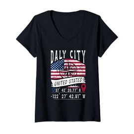 Damen Daly City USA-Flagge GPS Koordinaten Daly City T-Shirt mit V-Ausschnitt