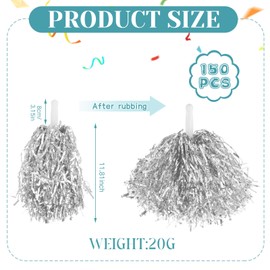 Jerify 150 Pcs Cheerleading Pom Poms Metallic Foil Cheerleader Pom Poms with Baton Handle Plastic Cheer Pompom Cheering Hand Flowers for Game Sports Squads Dance Party Football Basketball (Silver)