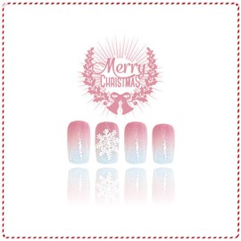 Ombre Press on Nails Short Square Fake Nails with White Snowflake Designs Glitter False Nails Pink Gradient Acrylic Nails Winter Christmas Stick on Nail for Women 24Pcs