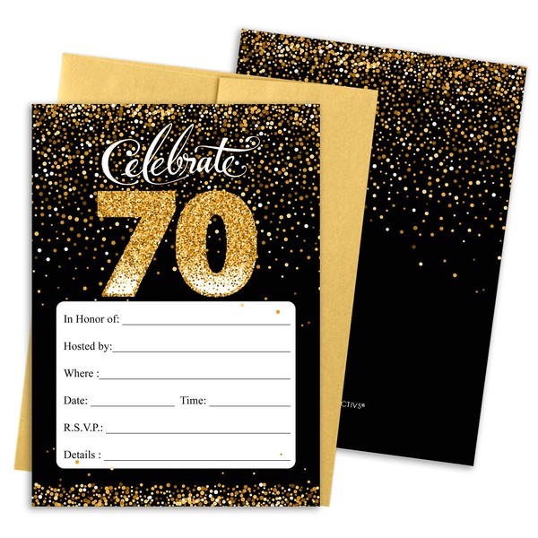 Black and Gold 70th Birthday Party Invitations - 10 Cards with Envelopes