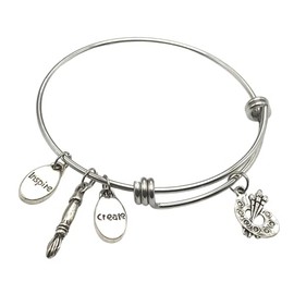 Artist Gift Charm Bracelet Stainless Steel Expandable Bangle Inspire Create Paint Brush