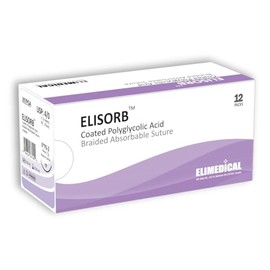 Elimedical ELISORB Suture with Reverse Cutting Needle, 12 Pack. Surgical Wound Training Students, Practice and Educational Use. Multifilament Absorbable Material 4/0 PGA, 30”, FS2, Violet 397PGA