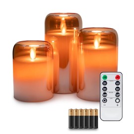 WYZworks LED Mirrored Glass Round Hurricane Pillar Flameless Candles, Real Wax Realistic Wick Dancing Flickering Flame, Battery Operated (Included), Remote & Timer (Set of 3, Gold Tinted Metallic)