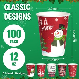 Hallswl 100 Pieces 12 oz Christmas Paper Cups with Lids, Disposable Coffee Cups for Cold Beverage Hot Drinking,Snowflake Snowman Truck Elk Plaid Pattern To Go Cup for Christmas Decorations