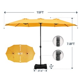 GREEN PARTY 15 ft Rectangle Patio Umbrella with Base Included, Double-Sided Table Umbrella with Crank, Large Outdoor Umbrellas for Patio Poolside Garden Backyard, Gold Yellow
