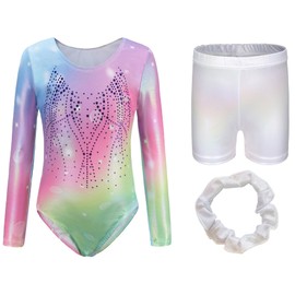 FEOYA Gymnastics Leotard for Girls Children Gymnastics Leotard Gymnastics Shorts Sports Dance Outfit Athletic Competition Tracksuits 100-140 Colourful Patterns or Rhinestones, Rainbow Rhinestone Long