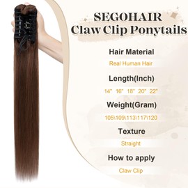 SEGOHAIR Human Hair Ponytail Extension with Claw Clip, Natural Look, Soft, 14"-22", More Colors Options for Women, Ideal for Dates, Weddings, Parties, Gifts - 16" 109g Medium Brown