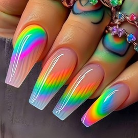 Medium Press on Nails Coffin Color False Nails with White Lines Gradient Design Pink Fake Nails Medium Coffin Nails Press ons Glossy Acrylic Glue on Nails for Girls and Women 24Pcs