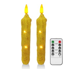 NJAO HOO 6.5 Inches Primitive Real Wax LED Flameless Short Candlesticks Hand Dipped Battery Operated Taper Candles with Timer Remote Candles for Vintage Rustic Home Decor, Pack of 2(Yellow)