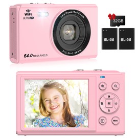 SOPPY Digitalkamera 64MP Fotokamera FHD 1080P Kompaktkamera, 2,8'' LCD Bildschirm Vlogging Kamera mit 32G Karte,16-fachem Digitalzoom Minikamera für Jungen Mädchen Kinder Anfänger, Rosa