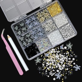 VOTACOS 200+PCS 3D Flower Nail Charms, Black Nail Gems Pearls Gold Silver Butterfly Flatback Nails Rhinestones Charms for Nails Art Design Decorations (Black)